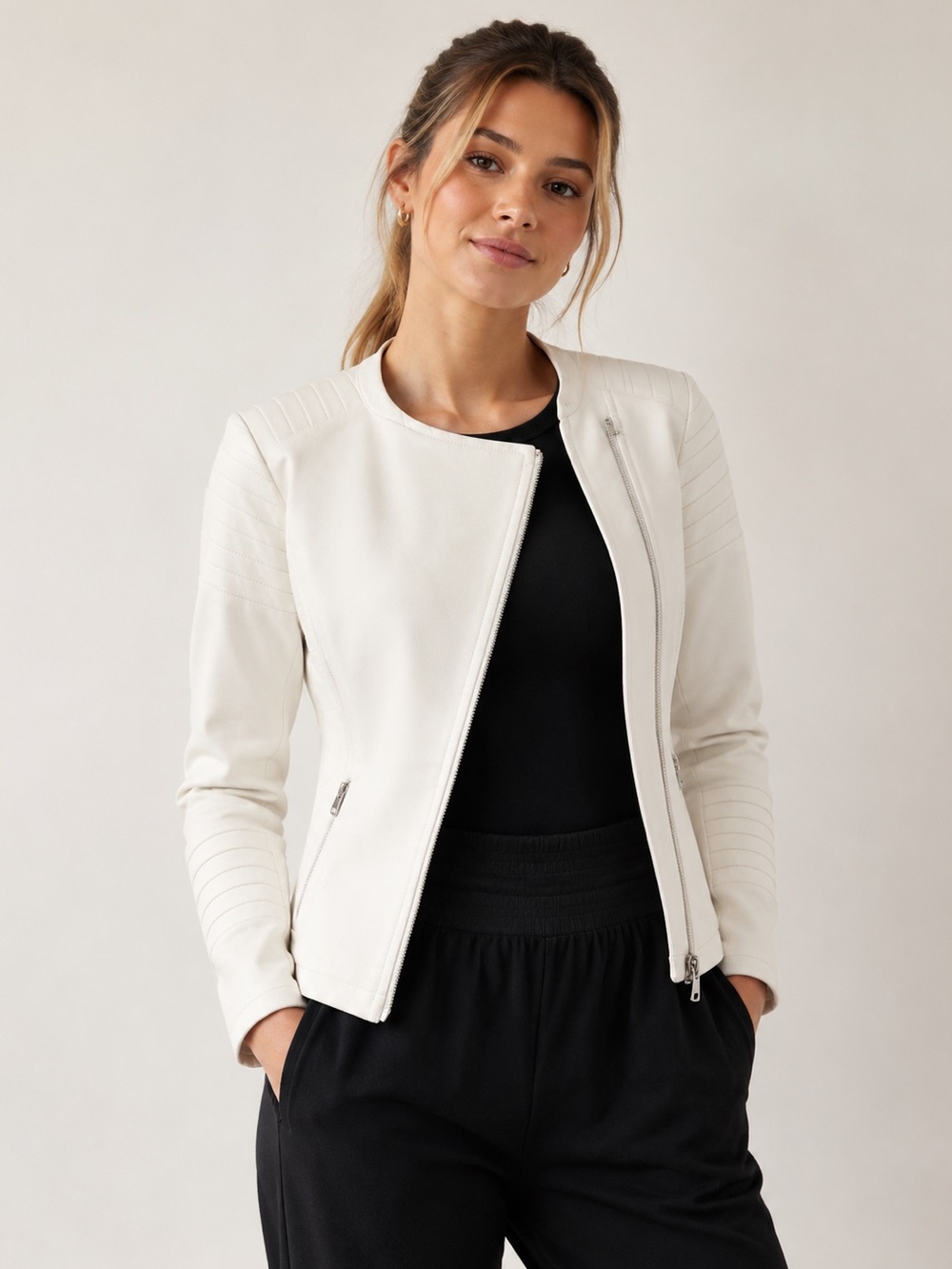 ATHLETA Magnolia White MOTO Jacket Full Zip Size S/T